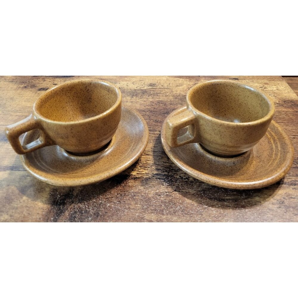 Monmouth Pottery Coffee Cup & Saucer Set of 2 Mojave Brown Speckled Stoneware US